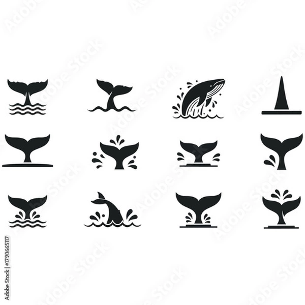 Obraz Collection of whale tail icons depicting diving and splashing in water, symbolizing marine life and ocean exploration