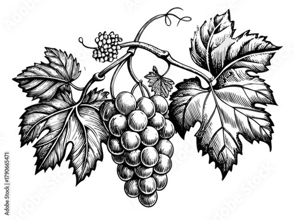 Obraz A botanical illustration of a grapevine with hanging grape clusters, curling tendrils, and large veined leaves. Vector illustration.