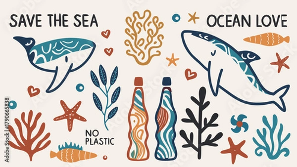 Obraz A hand-drawn ocean protection theme featuring whales, coral, sea turtles, and bottles