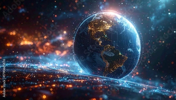 Fototapeta Glowing Earth image, with digital nodes connecting cities and continents against a cosmic backdrop of stars and nebulas