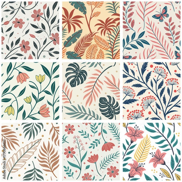 Fototapeta Botanical Abstract Floral Vector Illustration Background, Set of seamless patterns