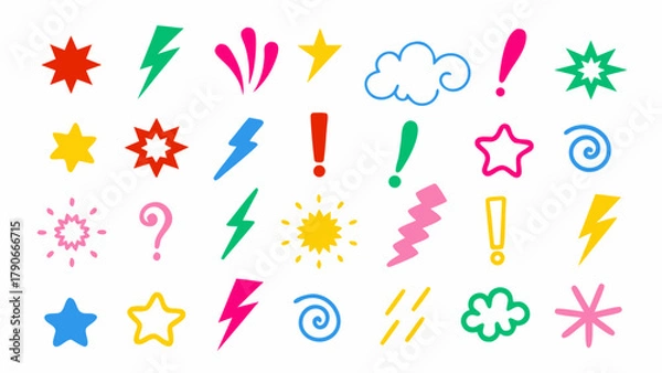 Obraz Comic doodle expression symbols in vibrant rainbow colors — lightning bolts, stars, exclamation marks, and swirls.