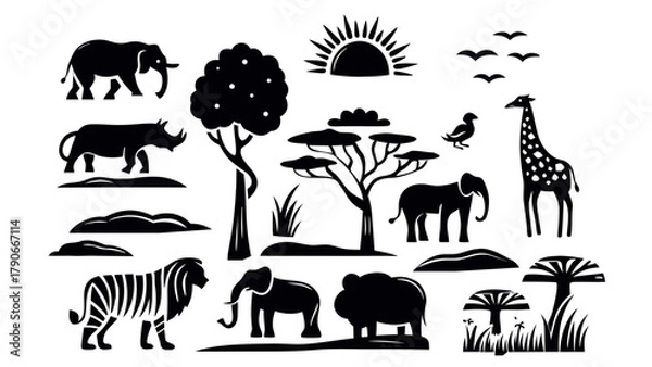 Obraz Flat vector black silhouettes of African wildlife — lions, elephants, giraffes, rhinos, zebras, acacia trees, and setting sun.