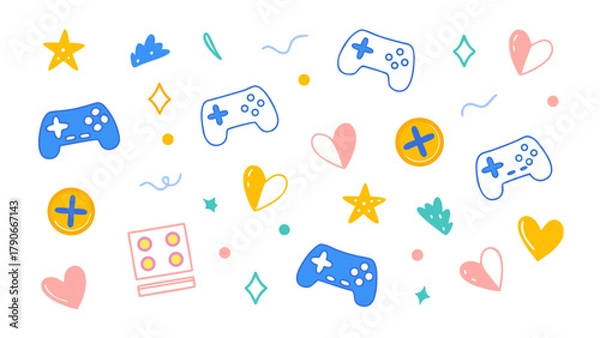 Obraz Flat colorful vector doodle icons of controllers, gamepads, hearts, coins, joysticks, stars. Vector set.