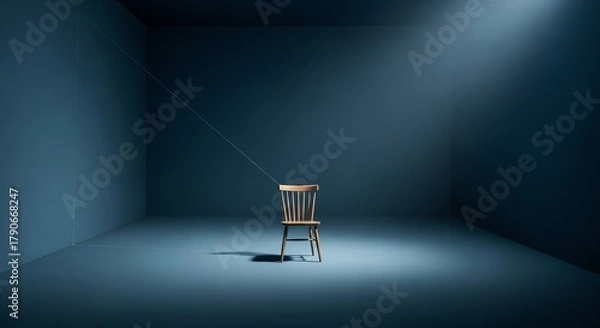 Fototapeta A wooden chair in an empty room with a light shining on it and a trail of smoke