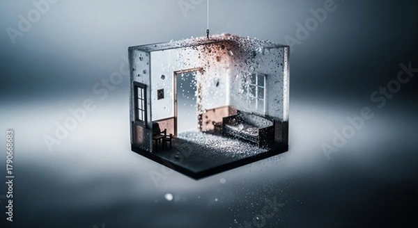 Fototapeta Abstract cube room interior design with furniture and particles floating around it
