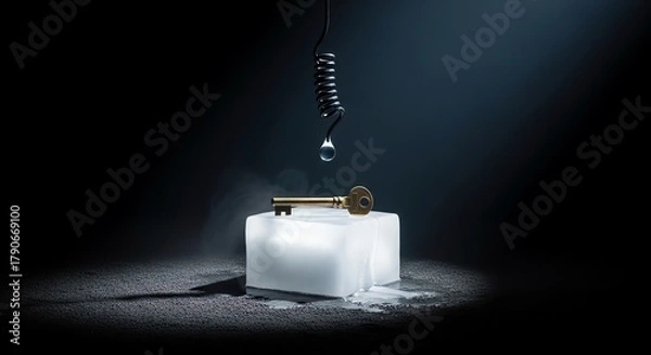 Fototapeta A golden key sits atop a block of ice as a single drop of water falls from above in dramatic lighting