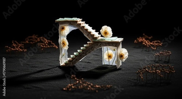 Fototapeta Impossible stone staircase with flowers in surreal setting under a spotlight, conceptual art