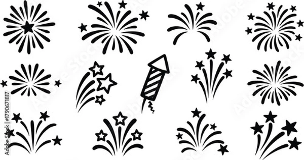 Obraz Fireworks silhouette vector, black burst icons, festive celebration symbols, holiday spark shapes, firework rocket clipart, New Year design elements
