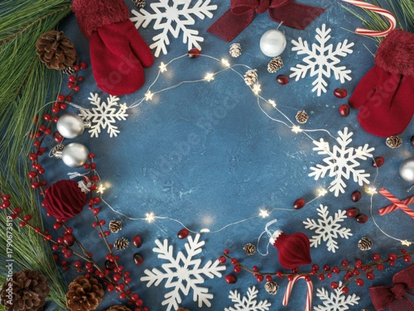 Obraz Overhead Christmas flatlay with red knit gloves mittens and snowflakes, holiday red velvet and silver ornaments, berries, twinkle fairy lights, festive pinecones, candy canes on blue backdrop. 