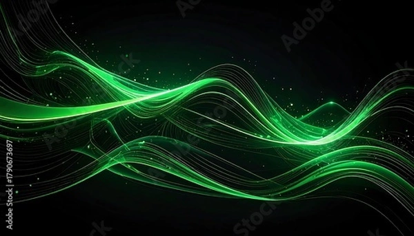 Fototapeta Glowing green waves intertwine against a dark backdrop, creating a dynamic and ethereal digital art display