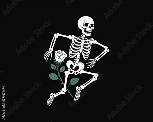 Fototapeta Dancing skeleton holding a delicate white rose, illustrating life and death