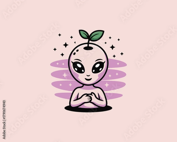 Fototapeta Cute alien character with plant sprout head illustration, friendly and calm