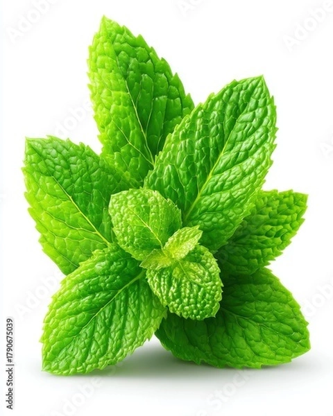 Obraz Fresh mint leaves close up on white background studio shot vibrant green color culinary herb ingredient