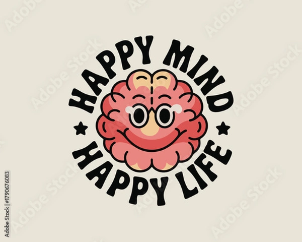 Fototapeta Happy mind, happy life" groovy brain cartoon design, mental health concept