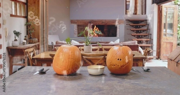 Fototapeta Sitting two carved jack-o'-lanterns glowing on dark island in rustic home, with bowl and knife