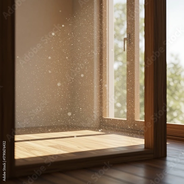Fototapeta Sunlight streaming through window illuminating dust particles creating a warm and inviting atmosphere inside a cozy room