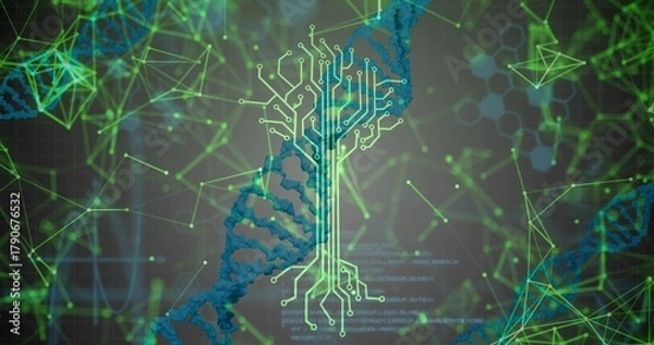 Fototapeta Presenting stylized blue DNA helix entwining neon-green circuit-tree at center, showing nodes, code