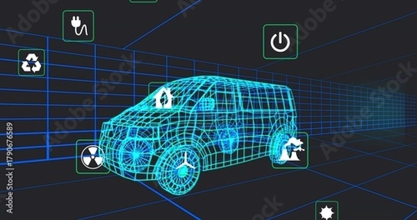 Obraz Rendering wireframe 3D van model within virtual grid tunnel, showing floating feature icons