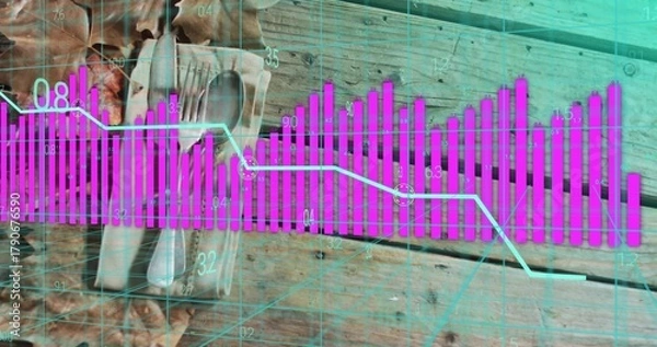 Fototapeta Displaying magenta bar chart overlaying rustic table, showing cyan trend line, cutlery, walnuts