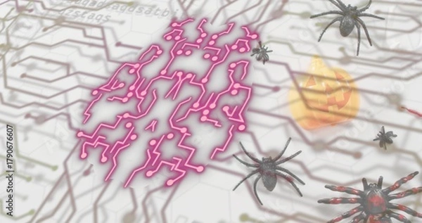 Fototapeta Glowing neon-pink brainlike circuit pattern hovering over hex grid, with spiders and pumpkin cube