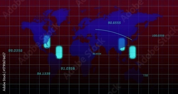 Obraz Displaying stylized world map centered on dashboard with cyan pill markers, grid, numeric readouts
