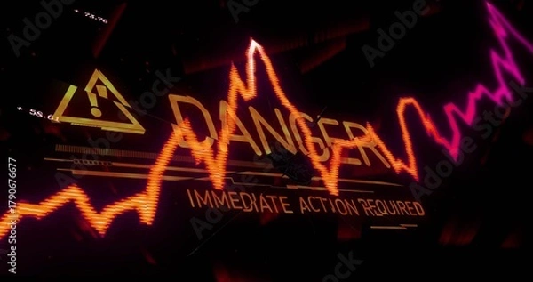 Fototapeta Flashing DANGER slicing neon waveforms on HUD, showing IMMEDIATE ACTION REQUIRED with yellow icon