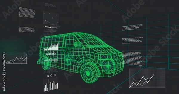 Fototapeta Showing wireframe compact van occupying center in design studio, with grid floor and HUD panels