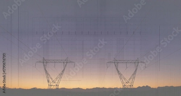 Obraz Silhouetting two steel pylons rising on ridge at sunset, with power lines and blueprint overlay