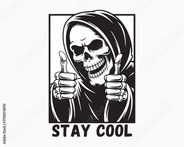 Fototapeta Cool grim reaper cartoon giving thumbs up with 'stay cool' text message design