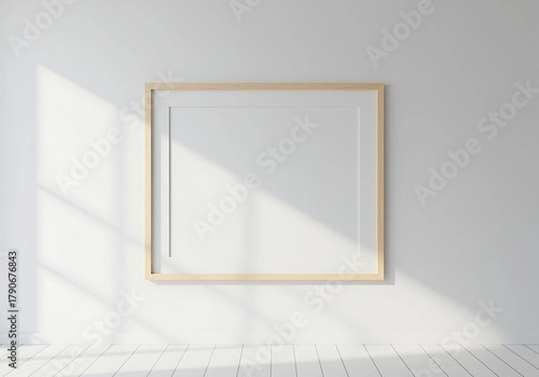Fototapeta Minimalist Interior Design with Empty Picture Frame and Natural Light Casting Shadows on White Wall Modern Home Decor