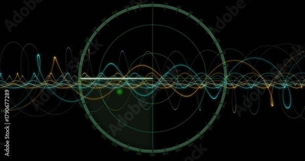 Fototapeta Displaying central radar grid with vertical crosshair on screen, showing teal traces and green blip