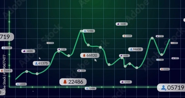 Fototapeta Displaying green line chart moving across teal grid UI, with circular markers, callouts and cursor