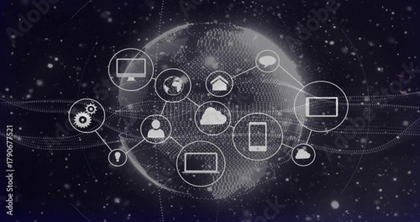 Fototapeta Displaying dotted globe linking network icons, dotted lines, waves, dots on navy backdrop