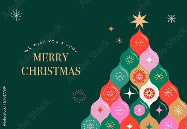 Fototapeta Merry Christmas and Happy New Year 2026 template. Christmas tree in modern minimalist geometric style.