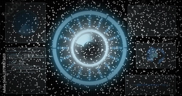 Fototapeta Glowing blue HUD dominating console, showing sphere, rings, radial markers, code-left, particles