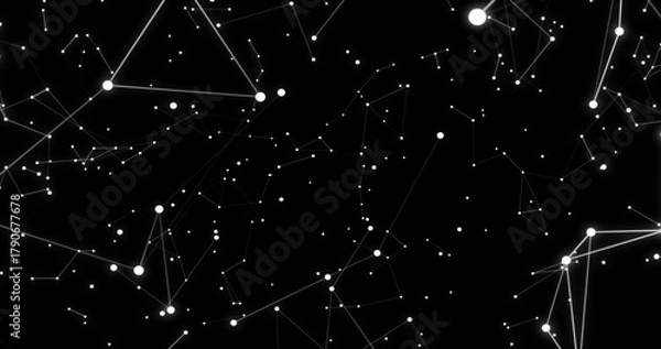 Fototapeta Displaying abstract network of white nodes forming thin meshes on black canvas, with glowing hubs