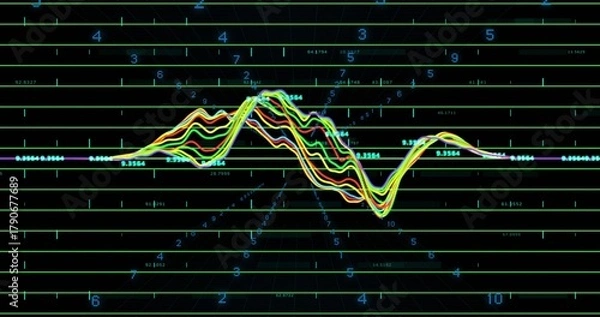 Fototapeta Displaying neon waveform bundle oscillating across virtual dashboard, showing green grid, markers