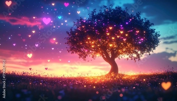 Fototapeta Glowing heart-shaped lights float near a tree atop a hill, at sunset with a blend of pink and blue hues