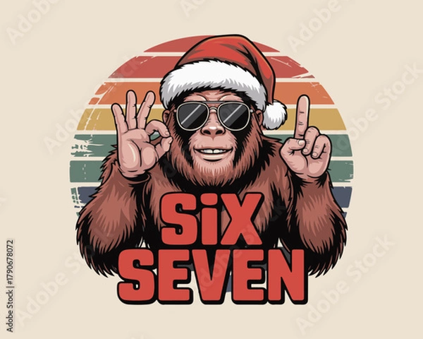 Fototapeta Bigfoot in santa hat and sunglasses with retro sunset 'six seven' text design