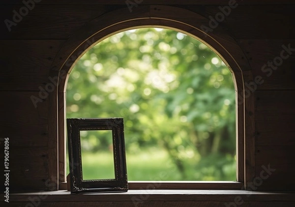 Fototapeta Rustic Window View with Empty Picture Frame and Lush Green Garden Background Scene