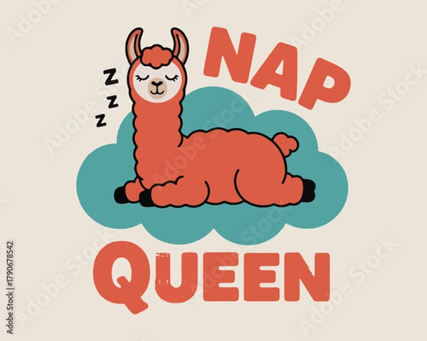 Fototapeta Nap queen llama illustration with sleeping animal on a blue cloud design