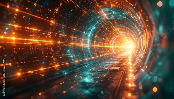 Fototapeta Glowing, futuristic tunnel with a bright light at the end, adorned with vibrant orange and teal lights