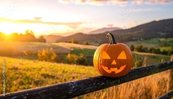 Fototapeta Glowing Jack-o'-lantern on a weathered wooden fence, autumnal meadow and rolling hills at sunset in soft focus