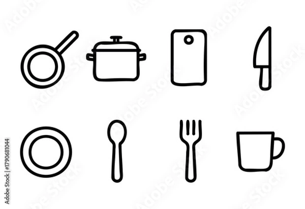 Fototapeta Various kitchen tools and utensils are illustrated in a minimalistic line art style. Items include a strainer, pot, cutting board, knife, plate, spoon, fork, and cup.