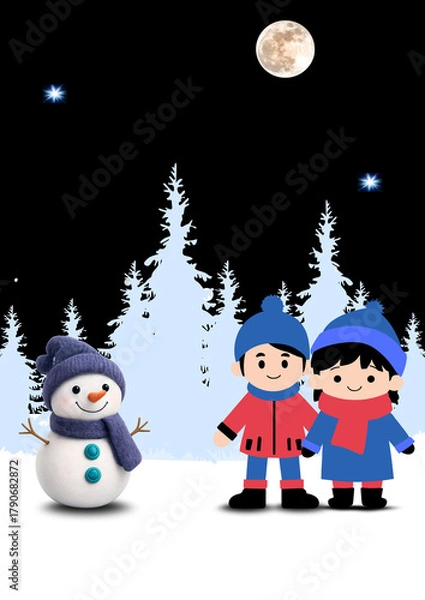 Obraz Cute cartoon snowman and children in winter scene isolated on white background