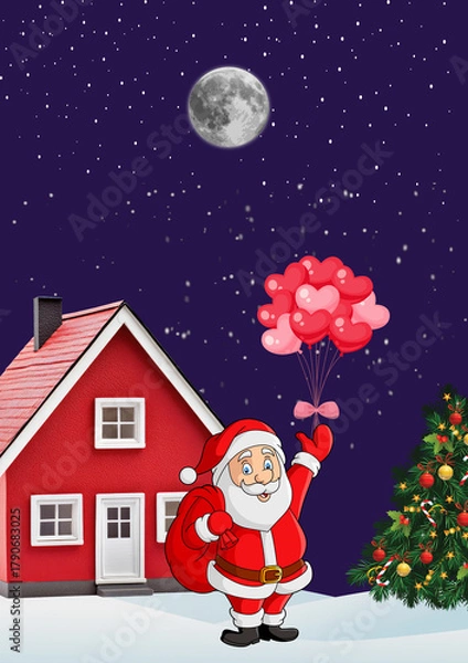 Fototapeta Santa claus holding red balloons in a snowy village at night isolated on white background