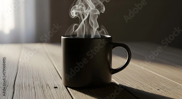 Obraz A dark mug with hot steam rising, sitting on a wooden table in the morning light.