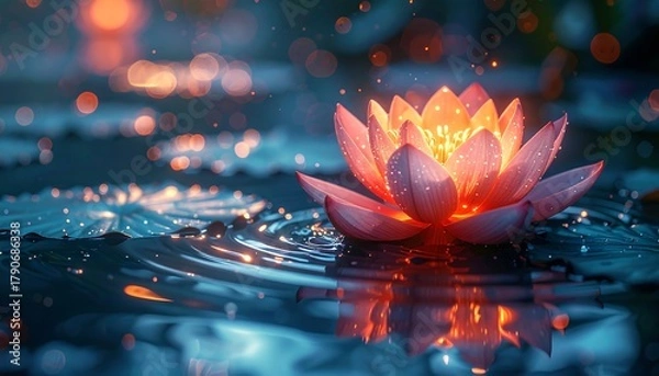 Fototapeta Glowing lotus flower in water with bokeh lights, creating a peaceful and ethereal atmosphere at dusk
