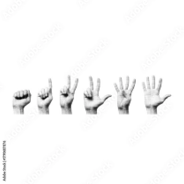 Fototapeta Black and white halftone illustration of hands counting from one to five. Minimalist pop art concept symbolizing communication, education, and creativity.